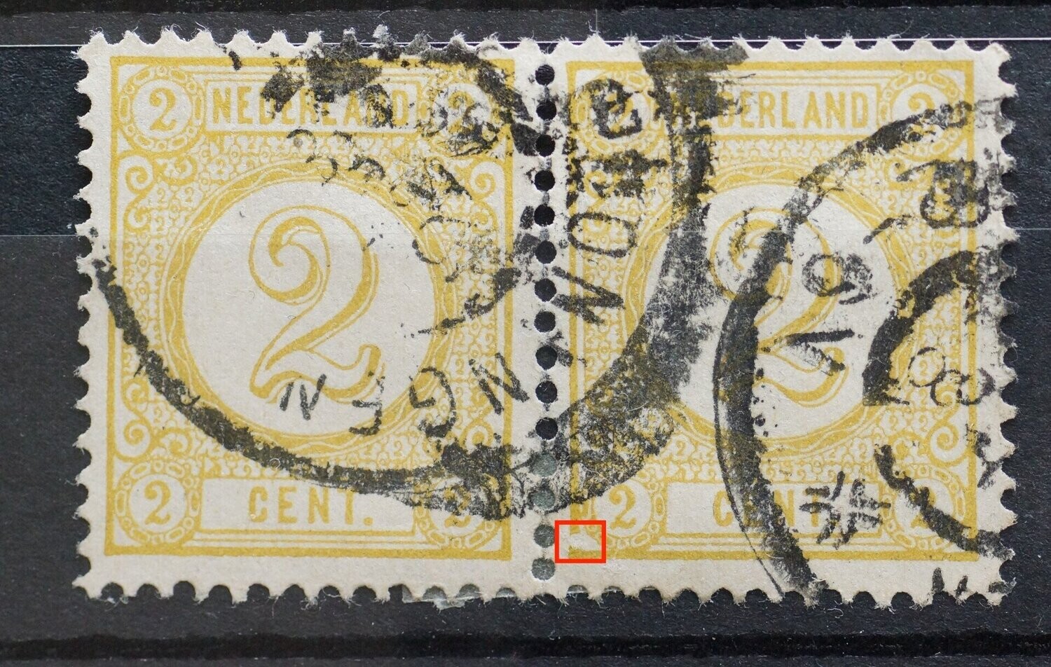 NVPH 32  (paar)- witte vlek links onder (rechter zegel)