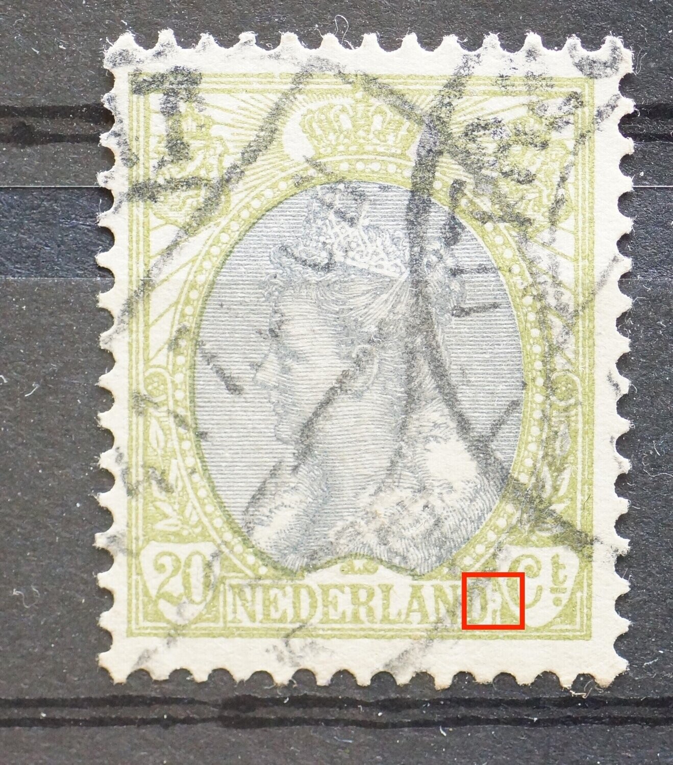 NVPH 69 - witte vlek met groene punt tussen NEDERLAND en Ct.