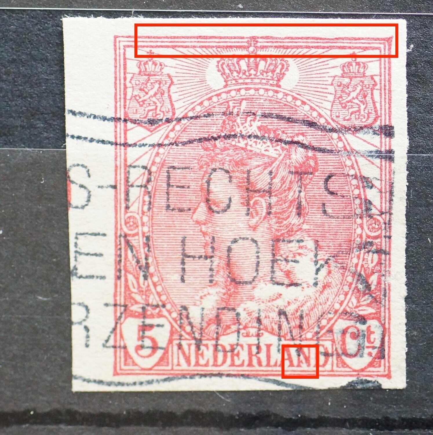 NVPH 82- rode vlek in tweede N van NEDERLAND en rafelige kaderlijn boven