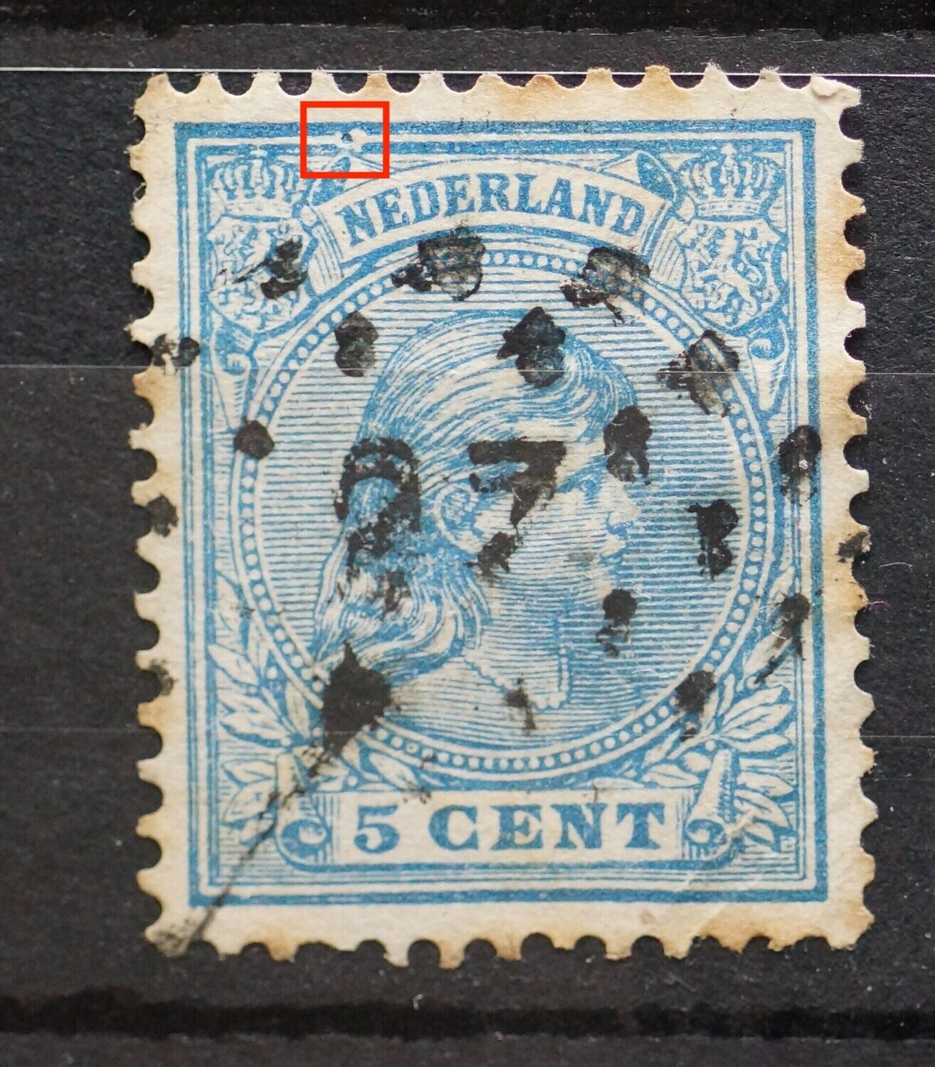 NVPH 35 - blauwe stip in witte cirkel boven N van NEDERLAND
