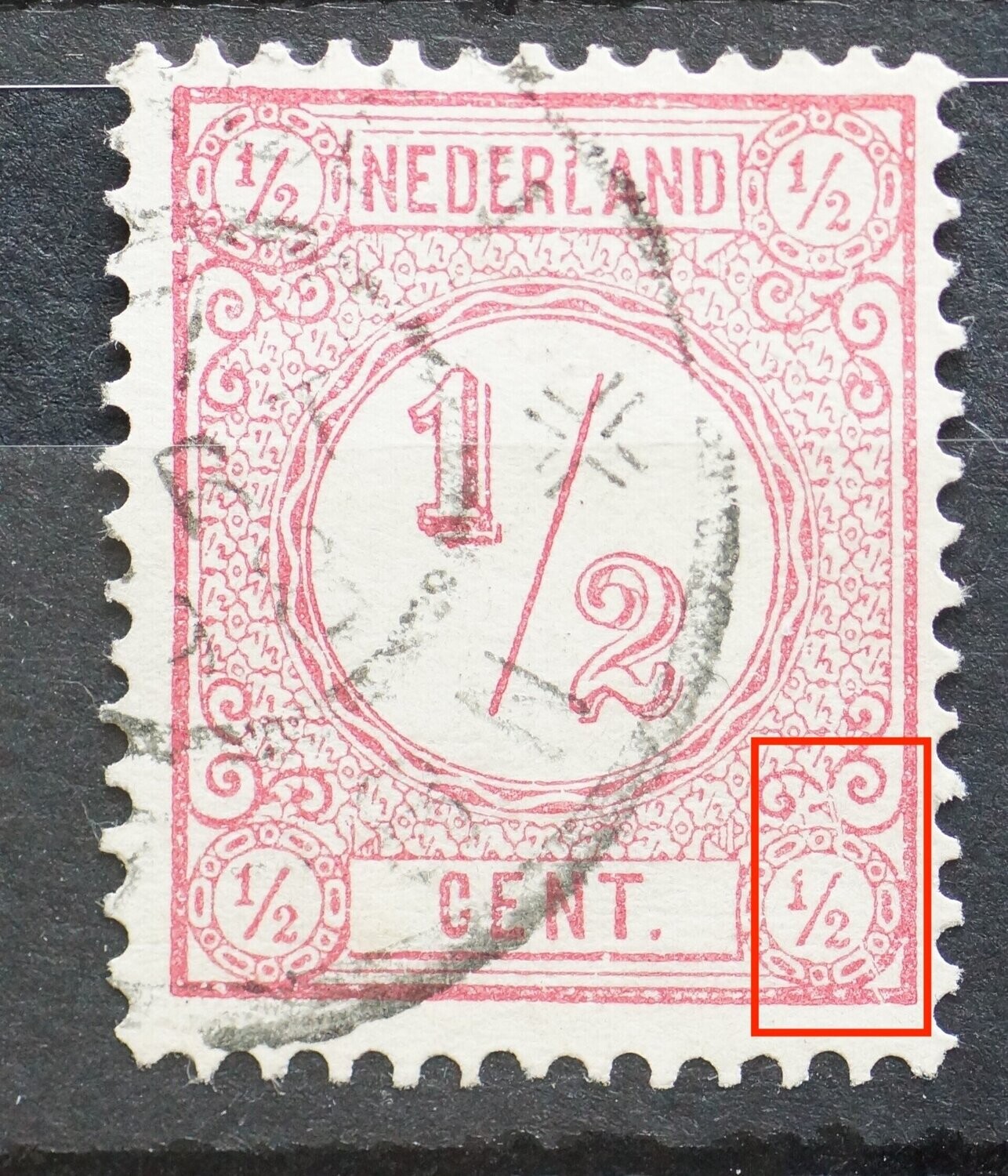 NVPH 30 - witte kras in zegelbeeld, rechtsonder
