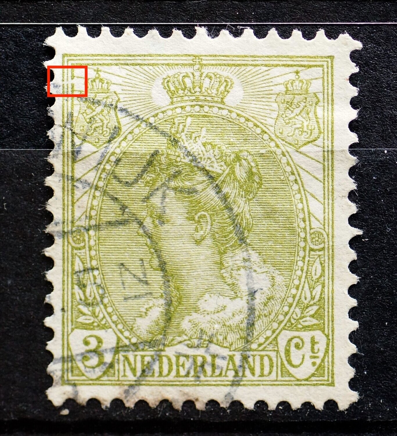 NVPH 57 - vreemde witte vlek / breuk in kaderlijnen links, boven