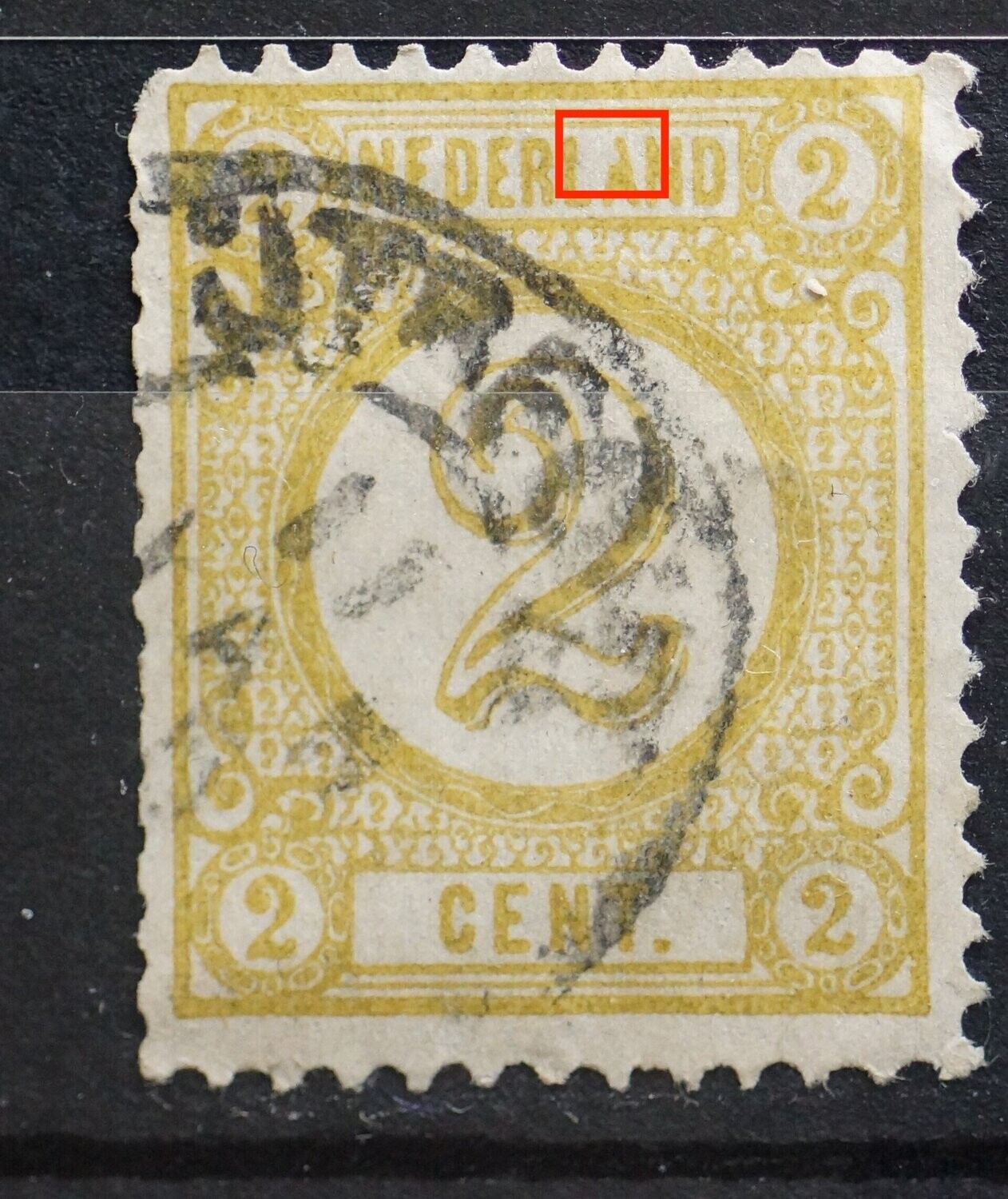 NVPH 32 - witte vlek in A van NEDERLAND