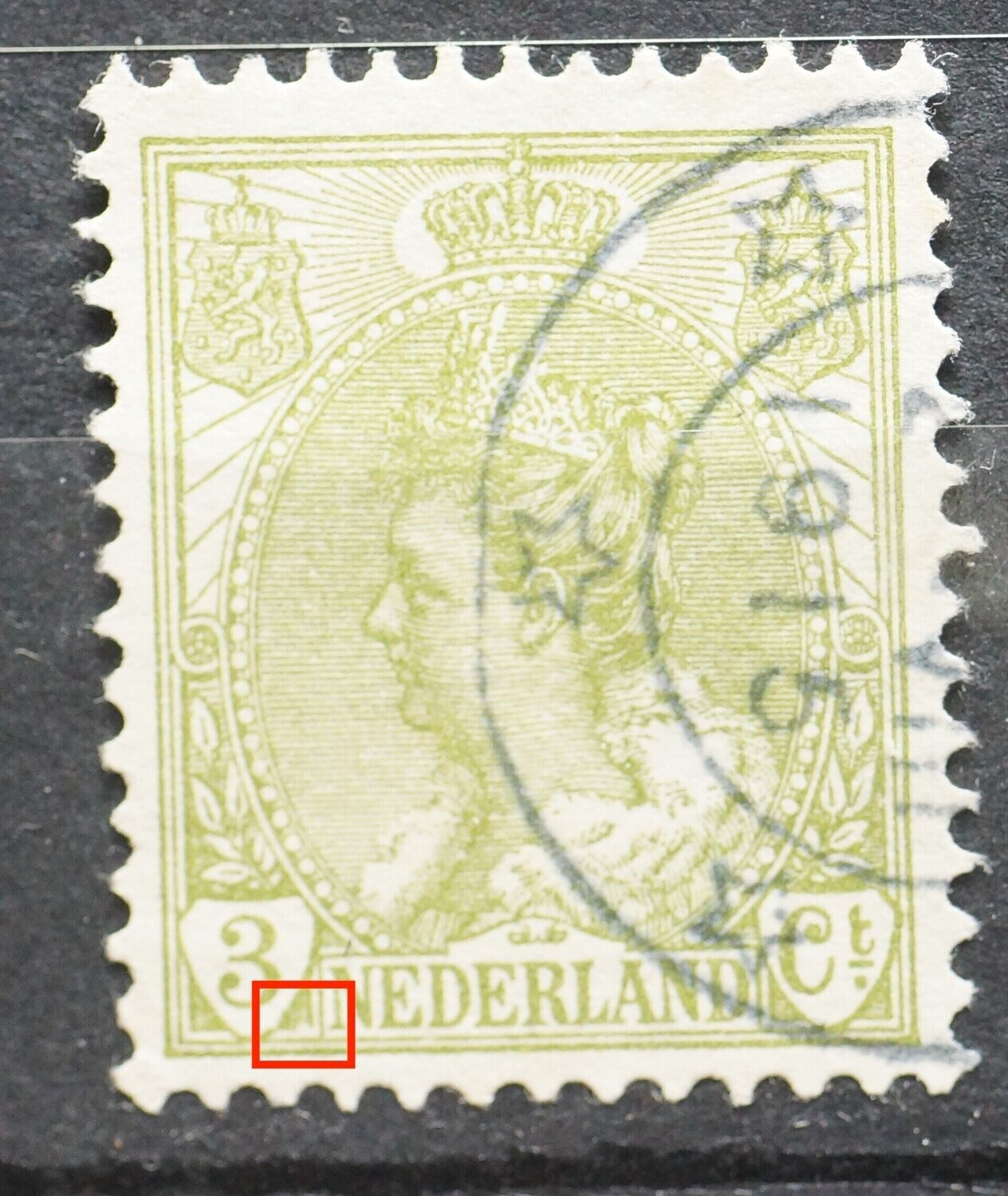 NVPH 57 - witte vlek tussen 3 en NEDERLAND