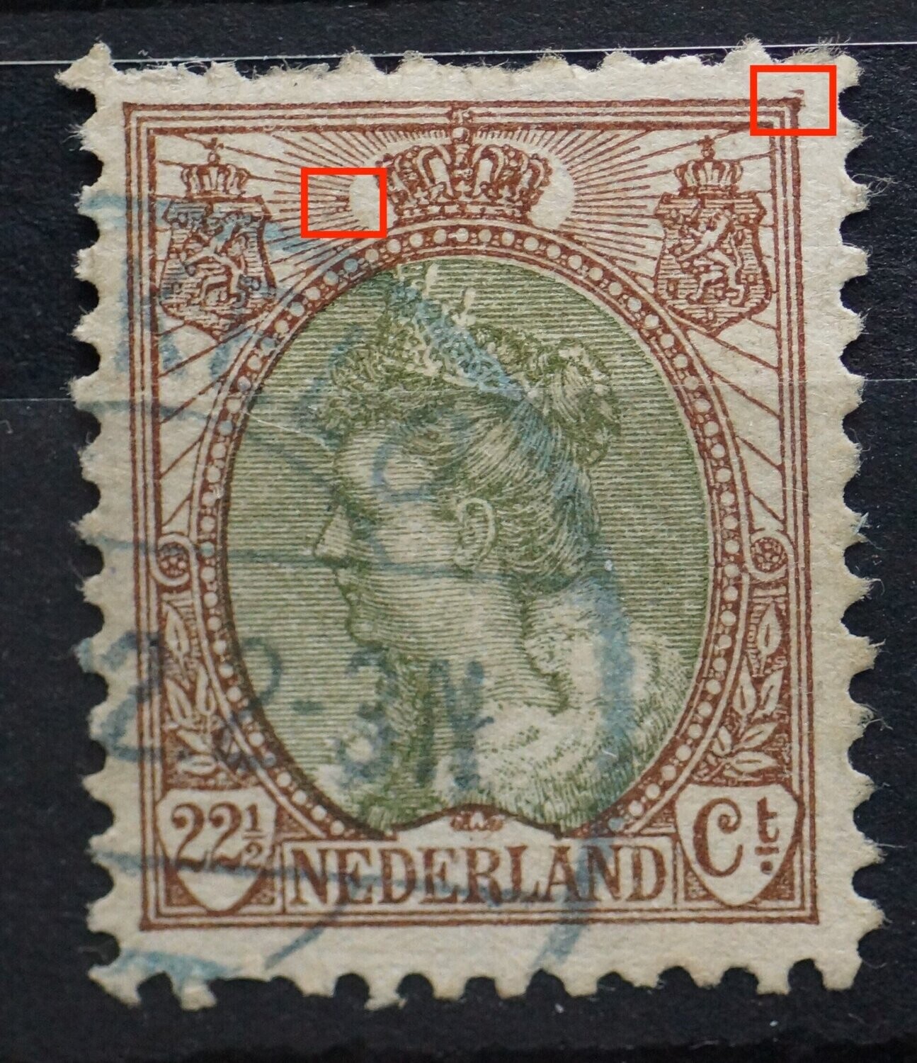 NVPH 70 - o.a. bruine vlekken in stralen links en haaltje aan bovenhoek rechts