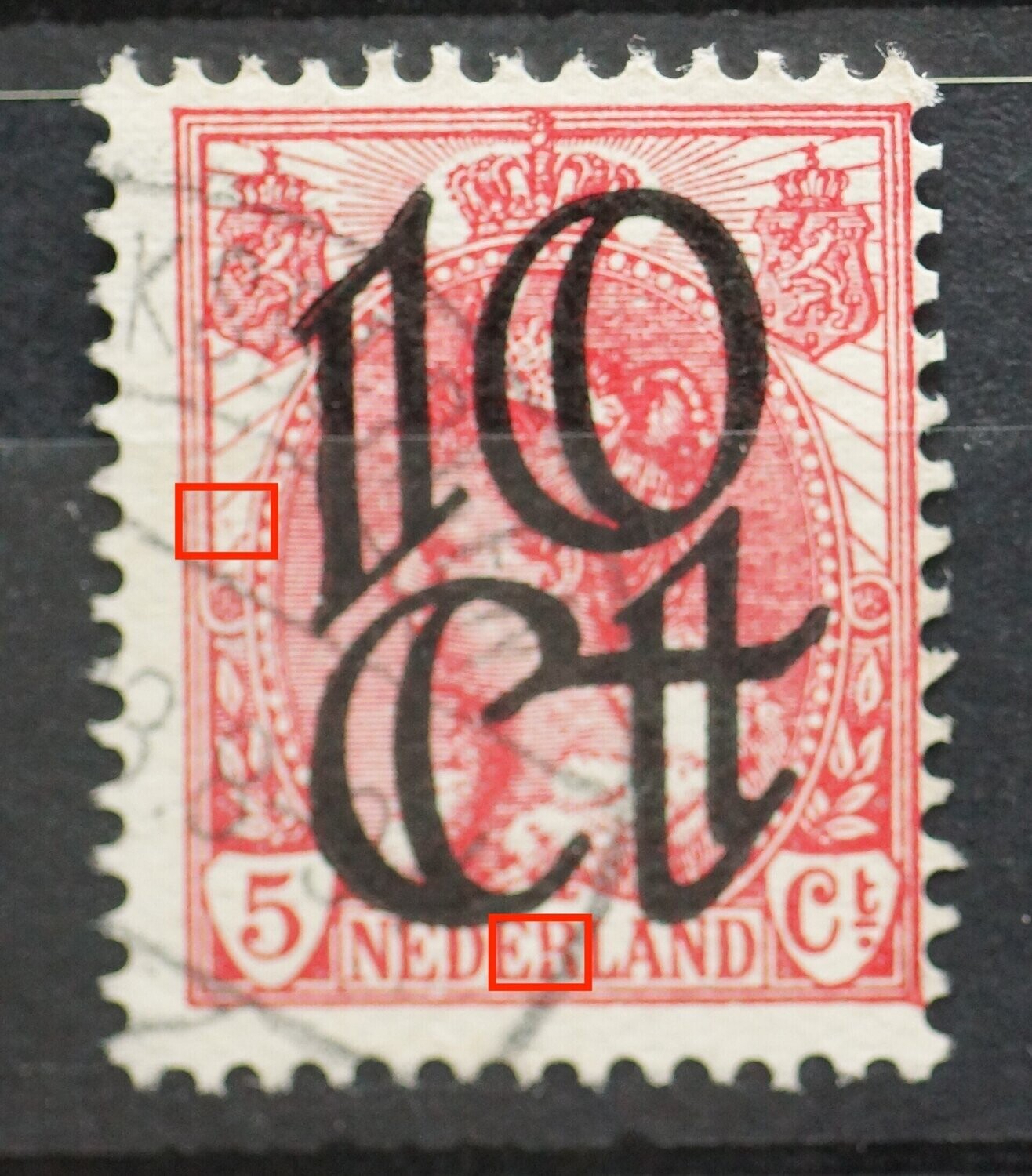 NVPH 117 - rode vlek links, midden en gebroken linker poot van de R van NEDERLAND