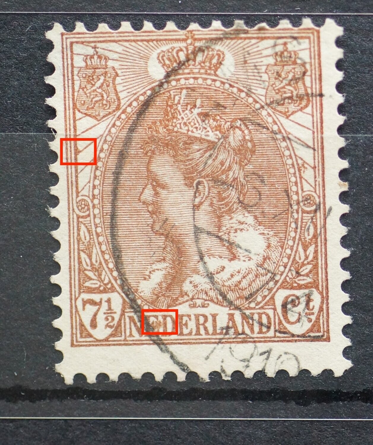 NVPH 61 - bruine vlekken, o.a. in eerste E van NEDERLAND