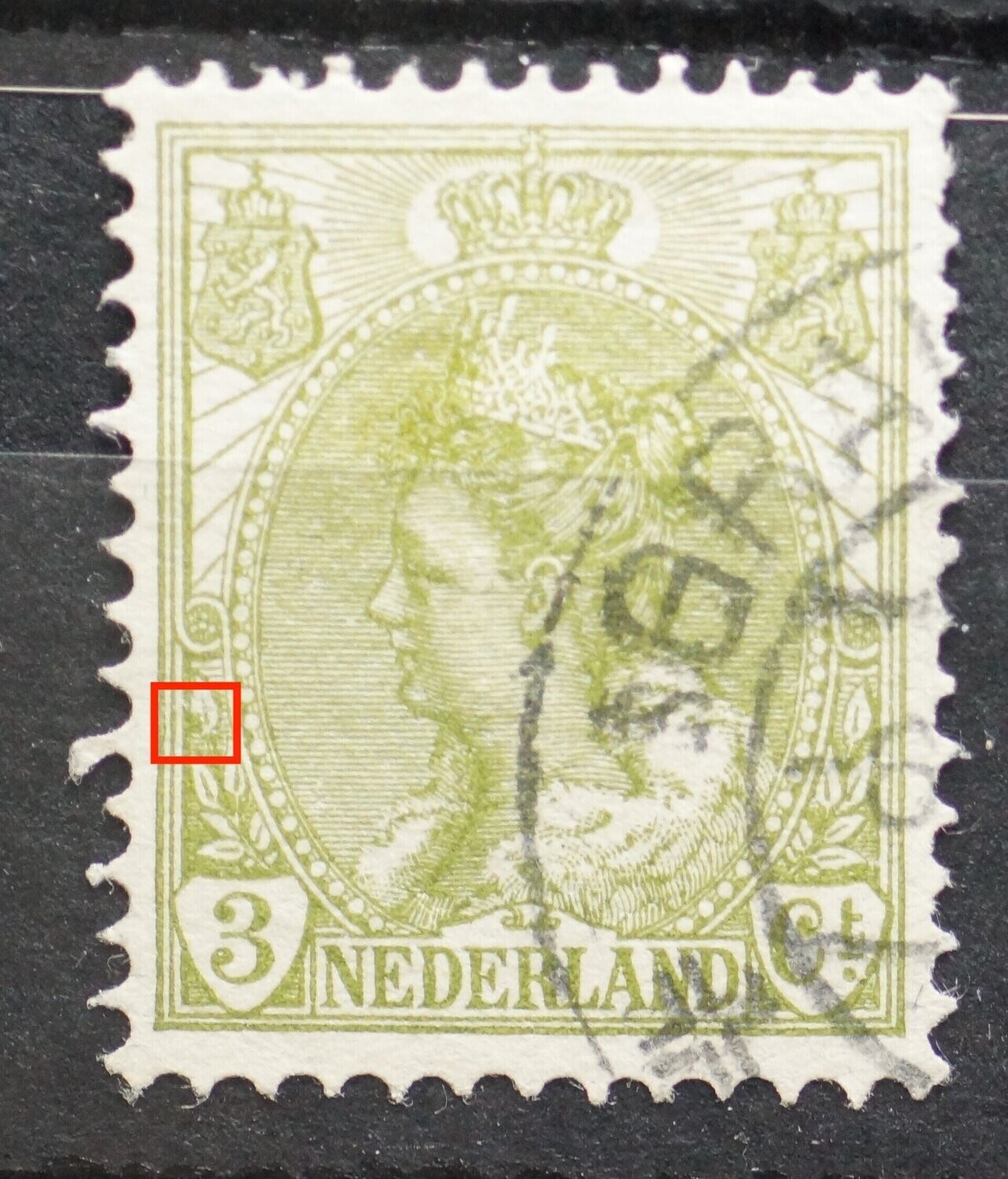 NVPH 57 - groene vlek in bovenste blad, links