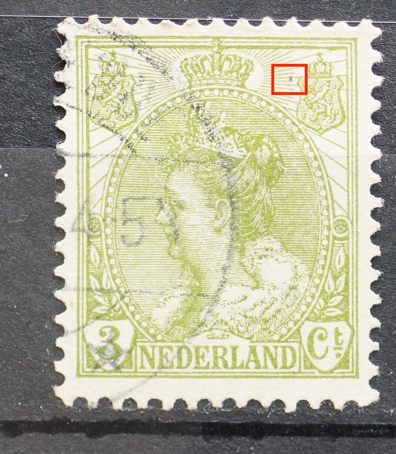 NVPH 57 - groene vlek voor rechter wapenschild
