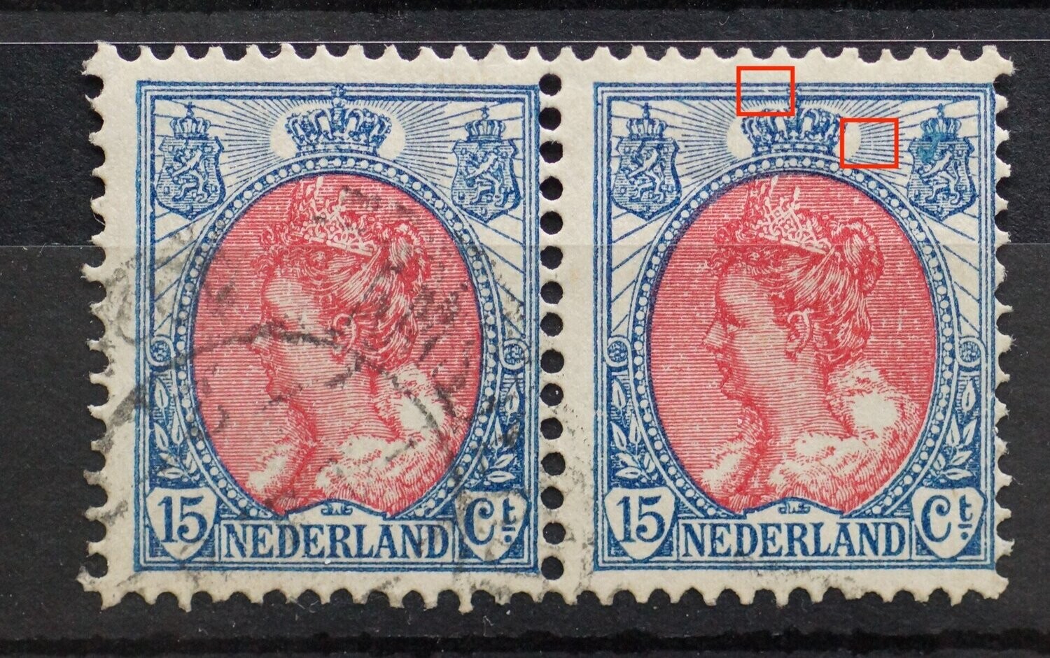 NVPH 65 (paar) o.a.breuk in kaderlijn, blauwe vlek over zwaard rechter wapenschild (rechter zegel)