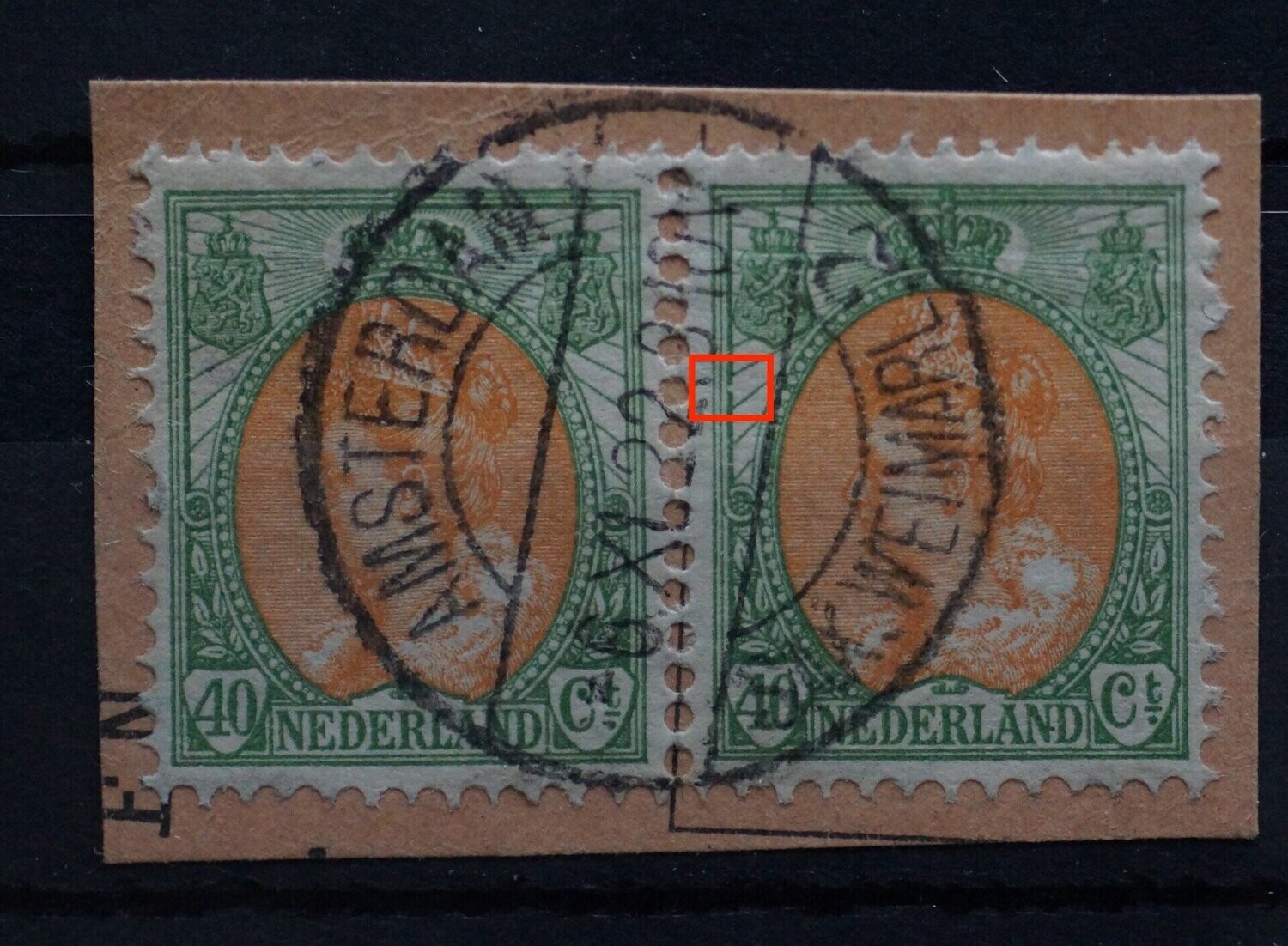 NVPH 73 (paar) - witte vlek in kaderlijn links (rechter zegel)