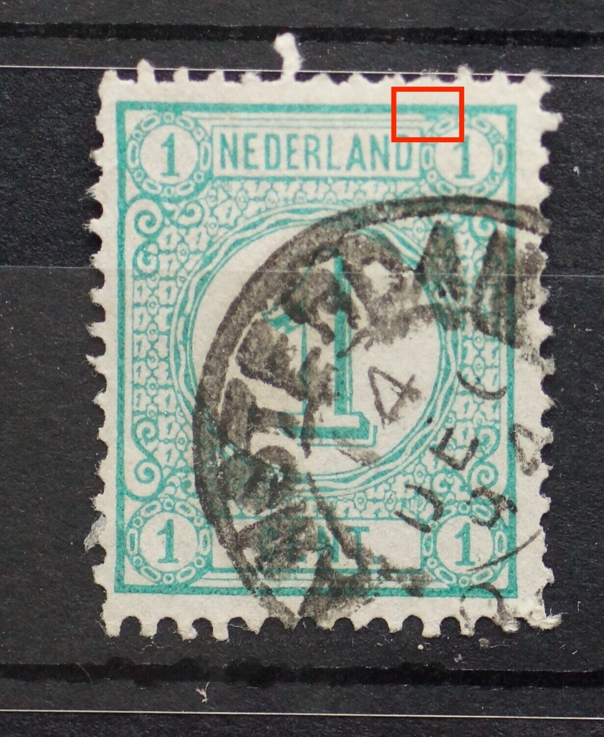 NVPH 31 - groene vlek links van waardeschild rechtsboven