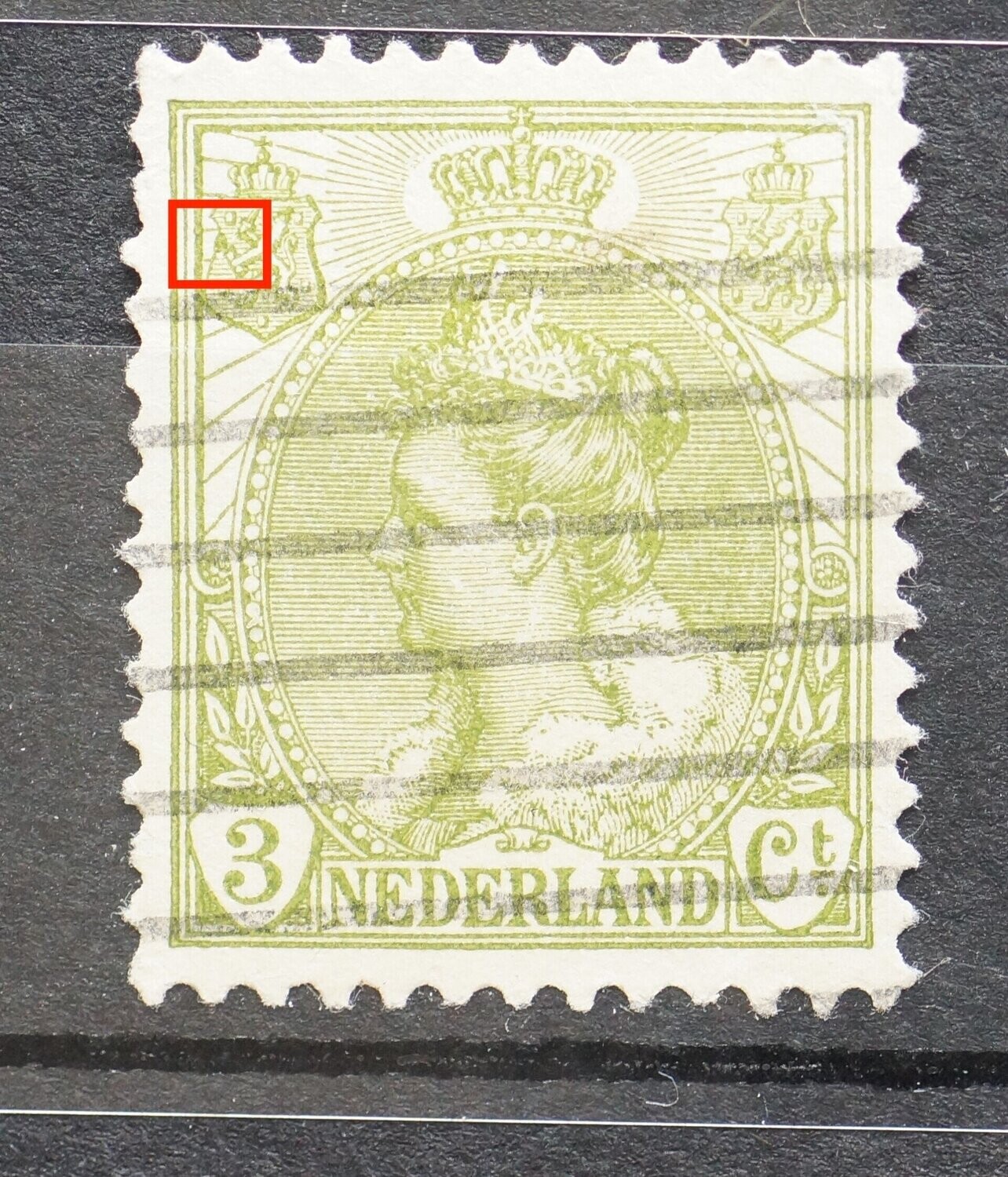 NVPH 57 - groene vlek boven pijlenbundel in linker wapenschild