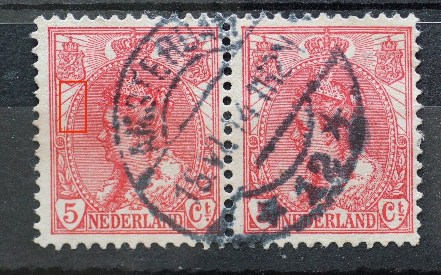 NVPH 60 (paar) - breuk in straal en medaillon links (linker zegel)
