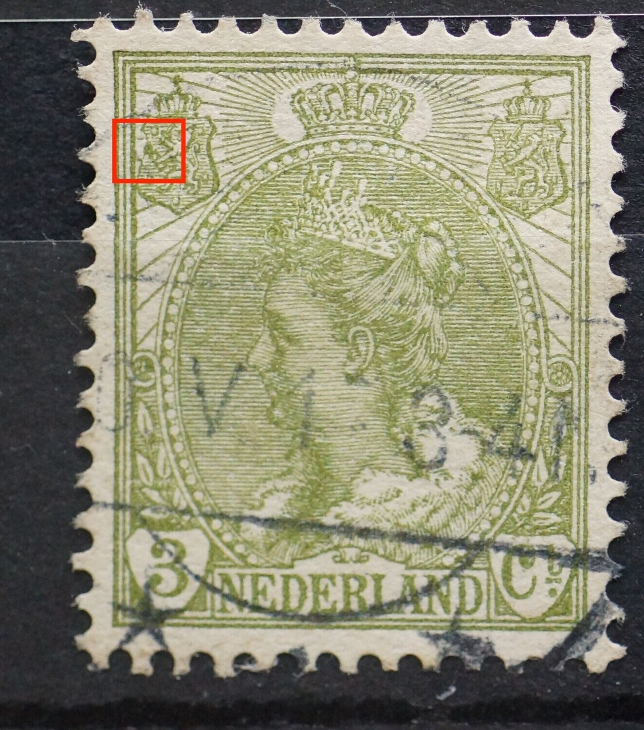 NVPH 57 - groene vlek boven pijlenbundel linker wapenschild