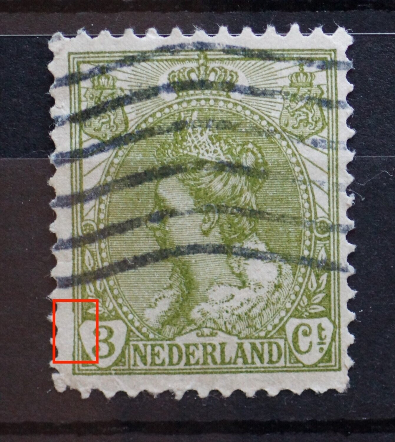 NVPH 57 - beschadiging kaderlijn links, onder