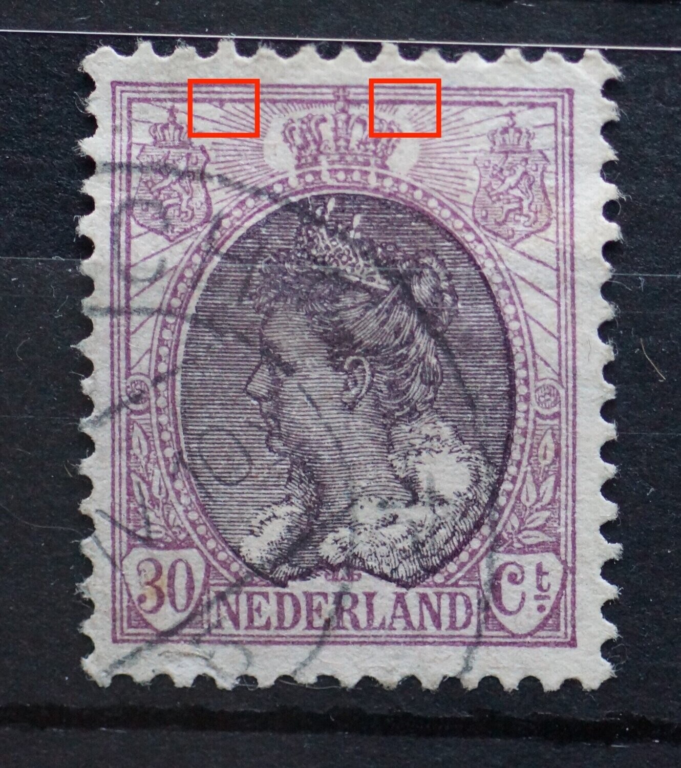NVPH 72 - o.a. paarse stip tussen straal en ontbrekende straal rechts van kroon