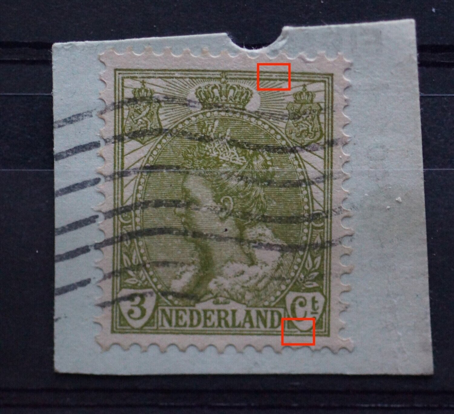 NVPH 57 - breuk in kaderlijnen, boven en net voor Ct.