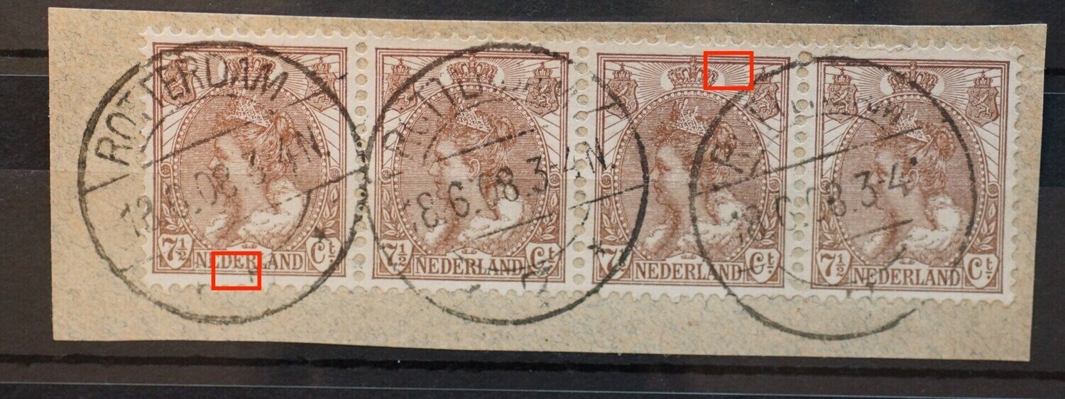 NVPH 61 (strip) - o.a. breuk onder tweede E van NEDERLAND (linker zegel)