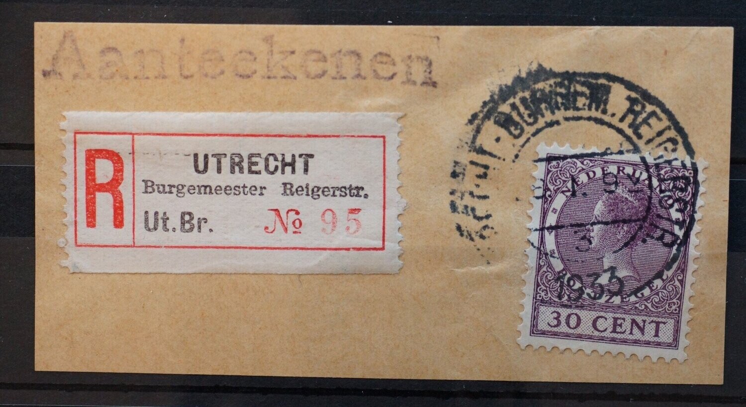 Utrecht. Burgem. Reigerstr. 3 op NVPH 194 met bijbehorende aantekenstrook
