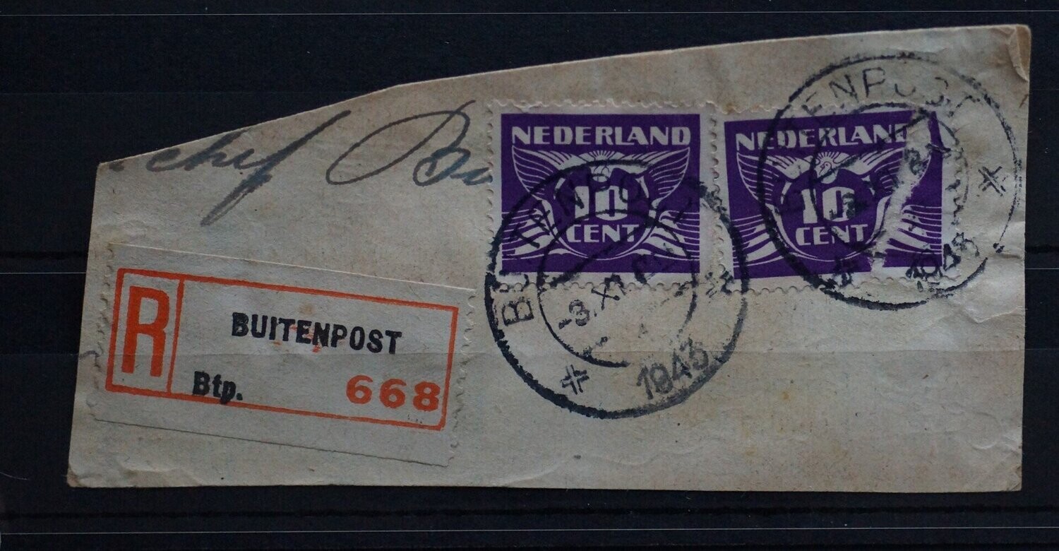Buitenpost 1 op NVPH 382 (2x) + bijbehorende aantekenstrook
