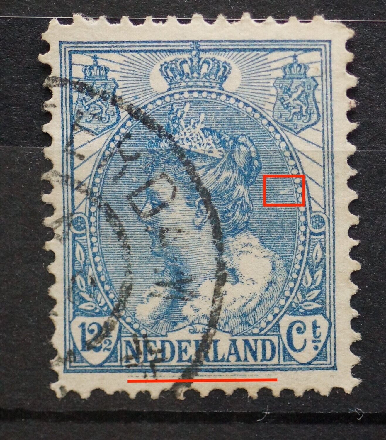 NVPH 63 - o.a. breuk in arcering rechts en blauwe lijn onder zegelbeeld