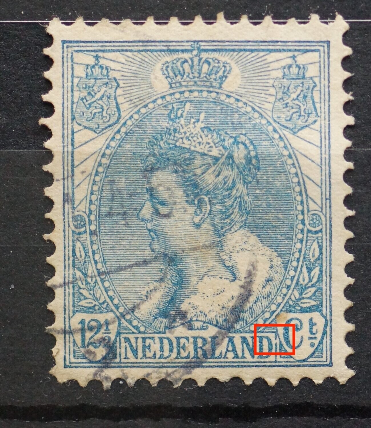 NVPH 63 -breuk in kaderlijn rechts van NEDERLAND