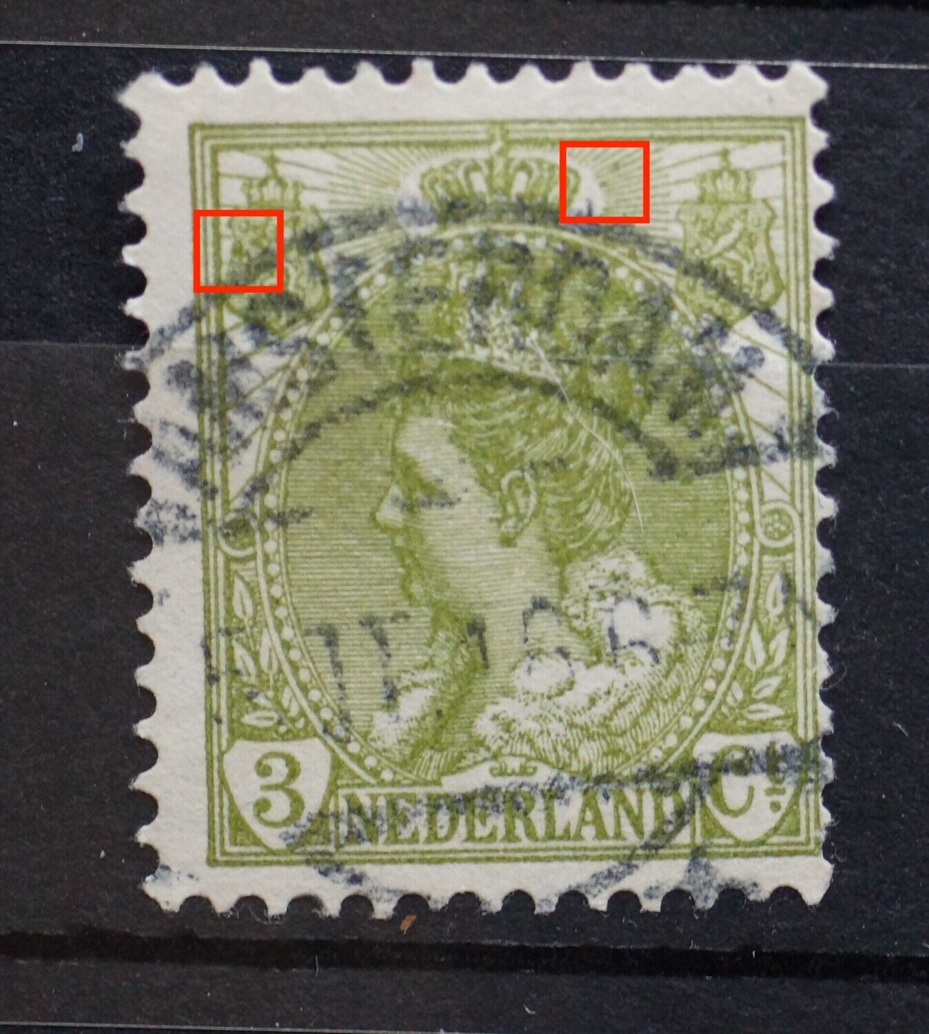 NVPH 57 - o.a. groene vlek boven pijlenbundel linker wapenschild