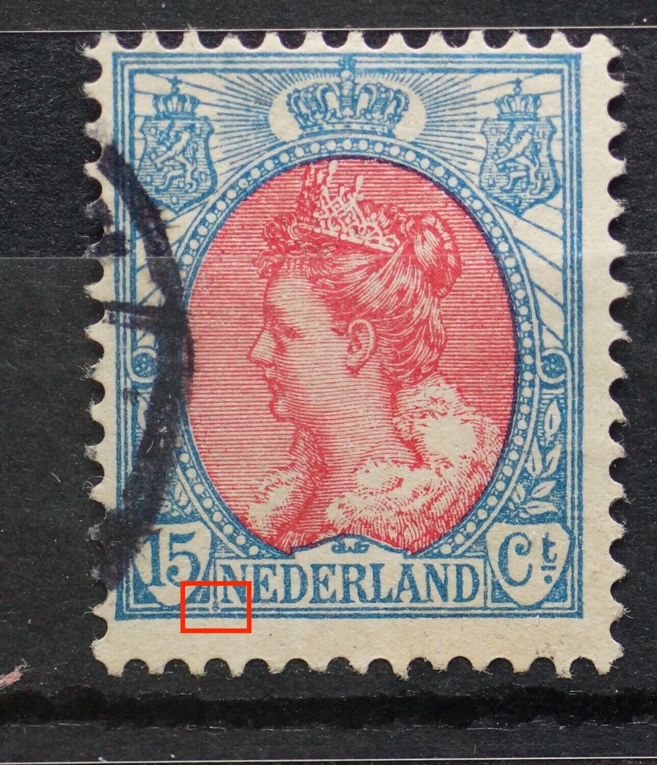 NVPH 65 - beschadiging kaderlijnen links van NEDERLAND