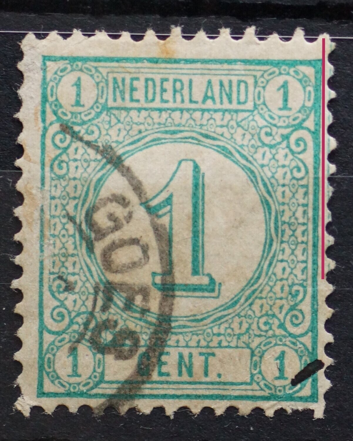 NVPH 31 - extra groene lijn rechts buiten zegelbeeld NVPH 31 - extra groene lijn rechts buiten zegelbeeld