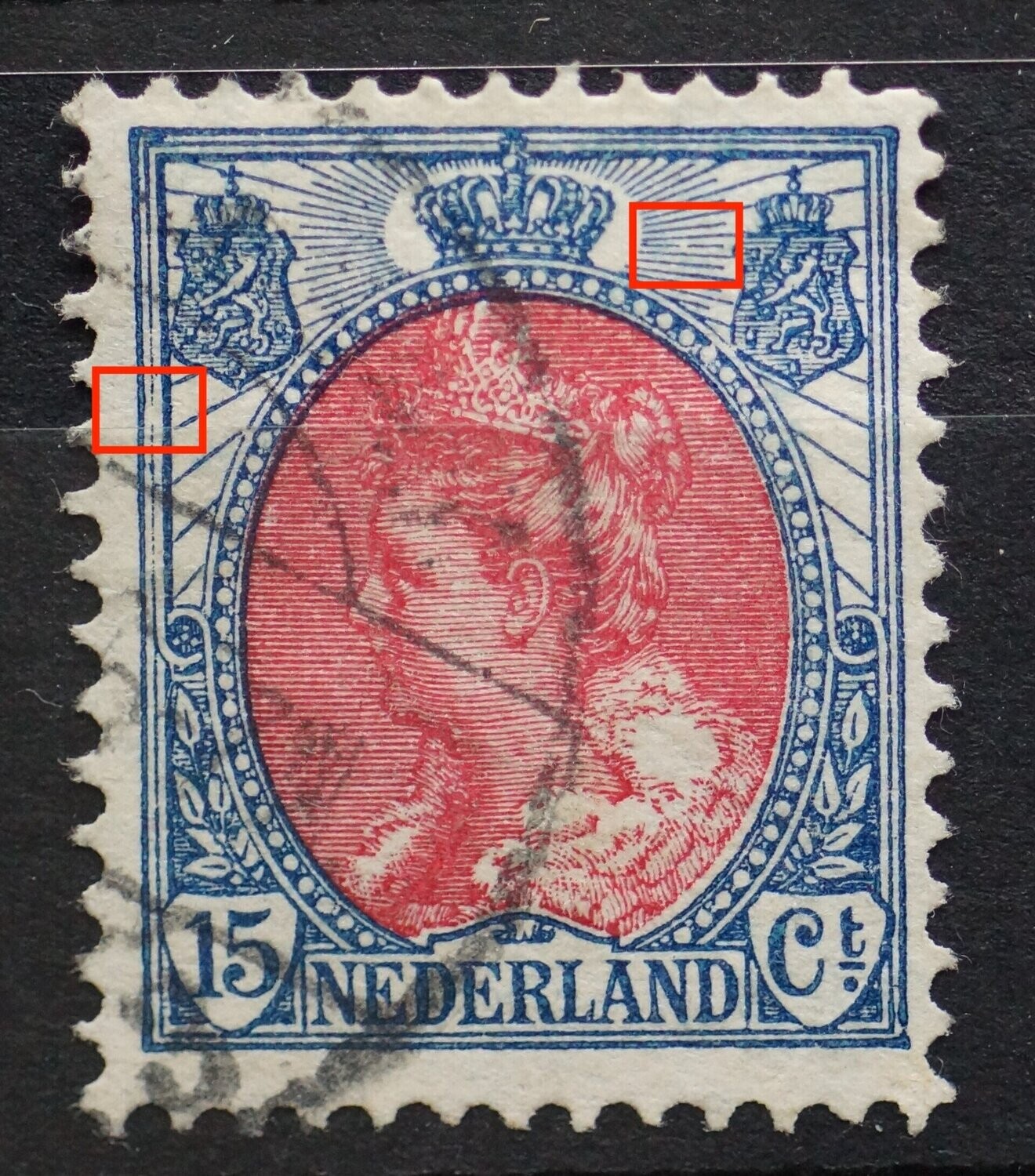 NVPH 65 - breuk in rand medaillon (links) en breuk in straal rechts NVPH 65 - breuk in rand medaillon (links) en breuk in straal rechts