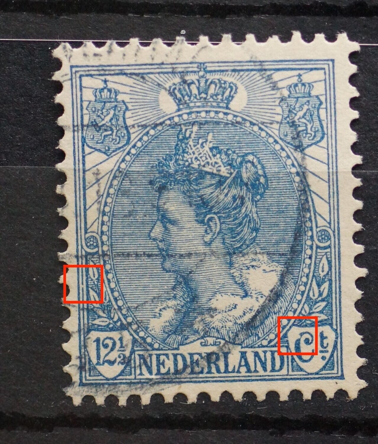 NVPH 63 - witte vlek in C van Ct. en breuk in kaderlijn links NVPH 63 - witte vlek in C van Ct. en breuk in kaderlijn links