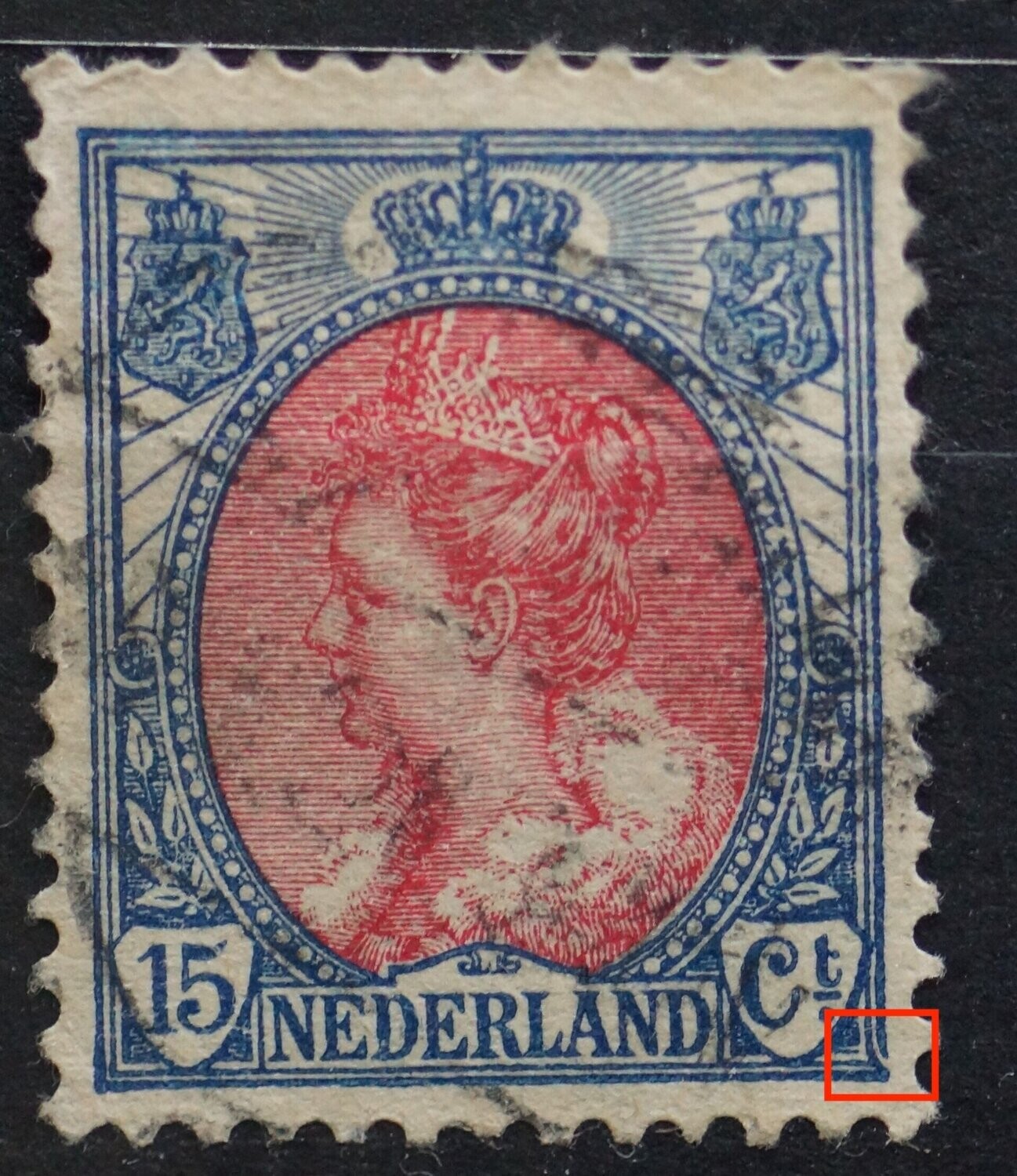 NVPH 65 - 0.a. vreemde afbuiging/breuk in kaderlijnen rechtsonder