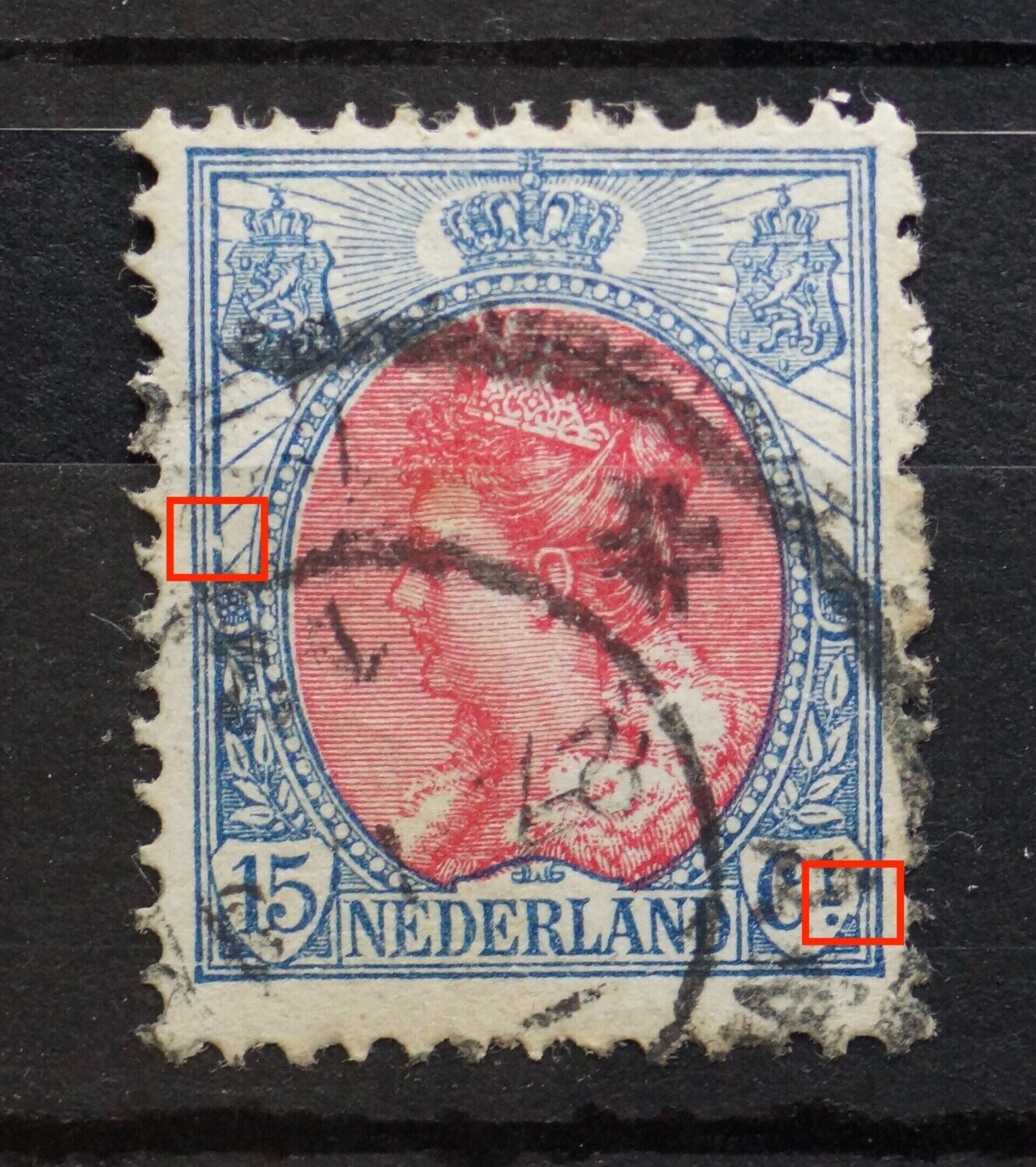 NVPH 65 - witte vlek kaderlijn links en beschadiging schild rondom Ct.