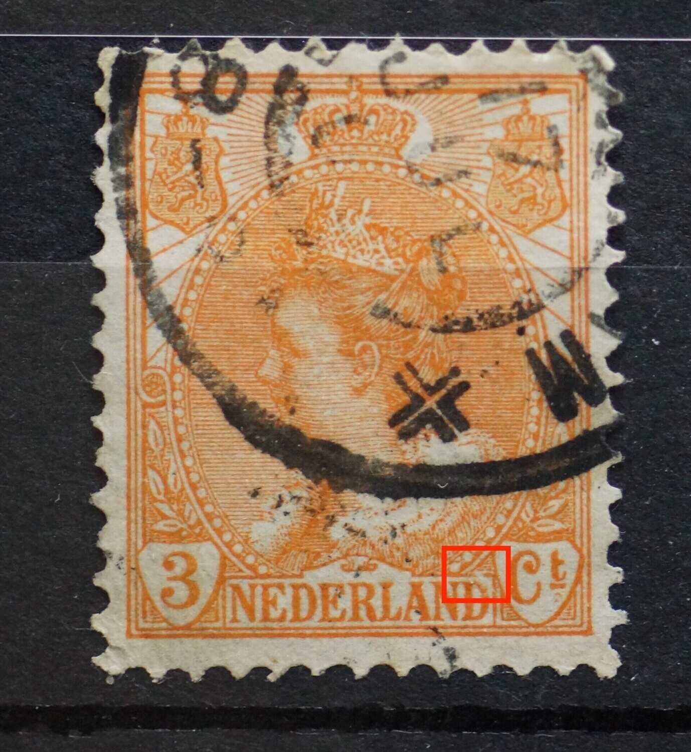 NVPH 56  - breuk in kaderlijn boven tweede D van NEDERLAND