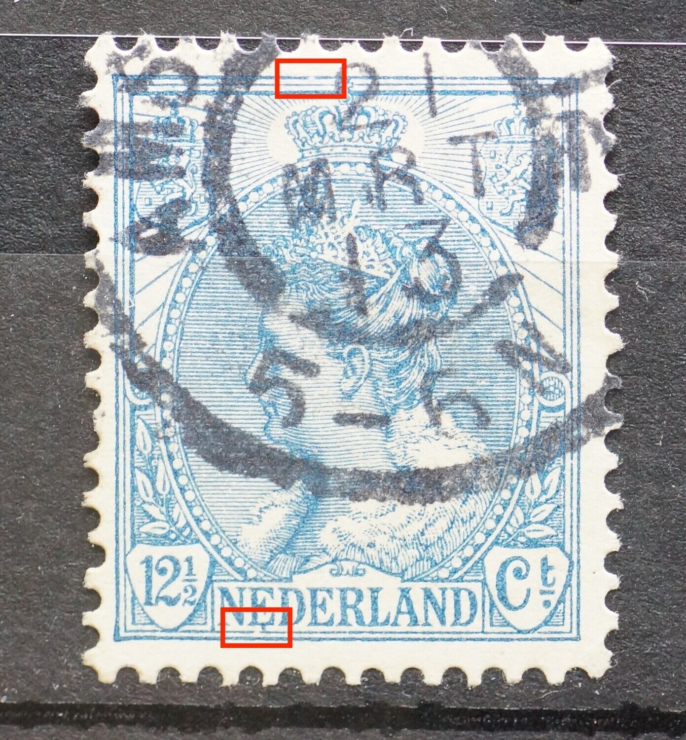NVPH 63 - breuk en blauwe stip onder eerste E van NEDERLAND