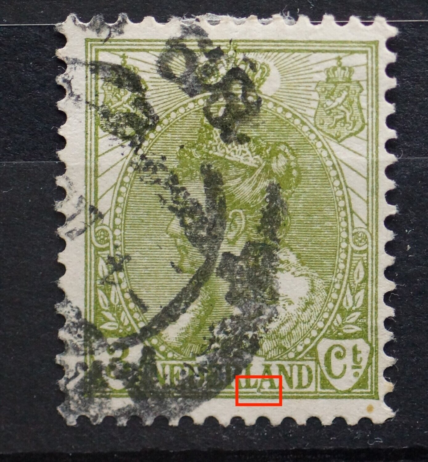 NVPH 57 - groene punt onder LA van NEDERLAND