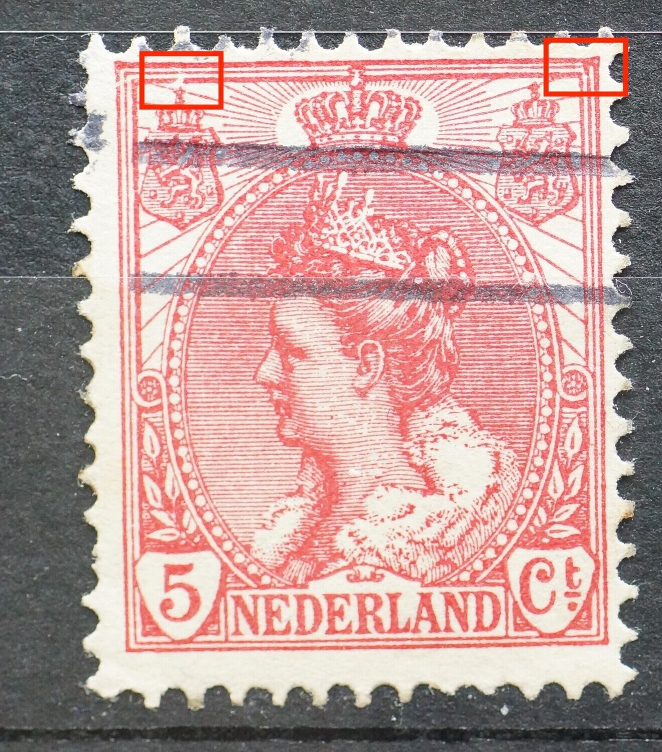 NVPH 60 - o.a. breuk in kaderlijn boven linker wapenschild