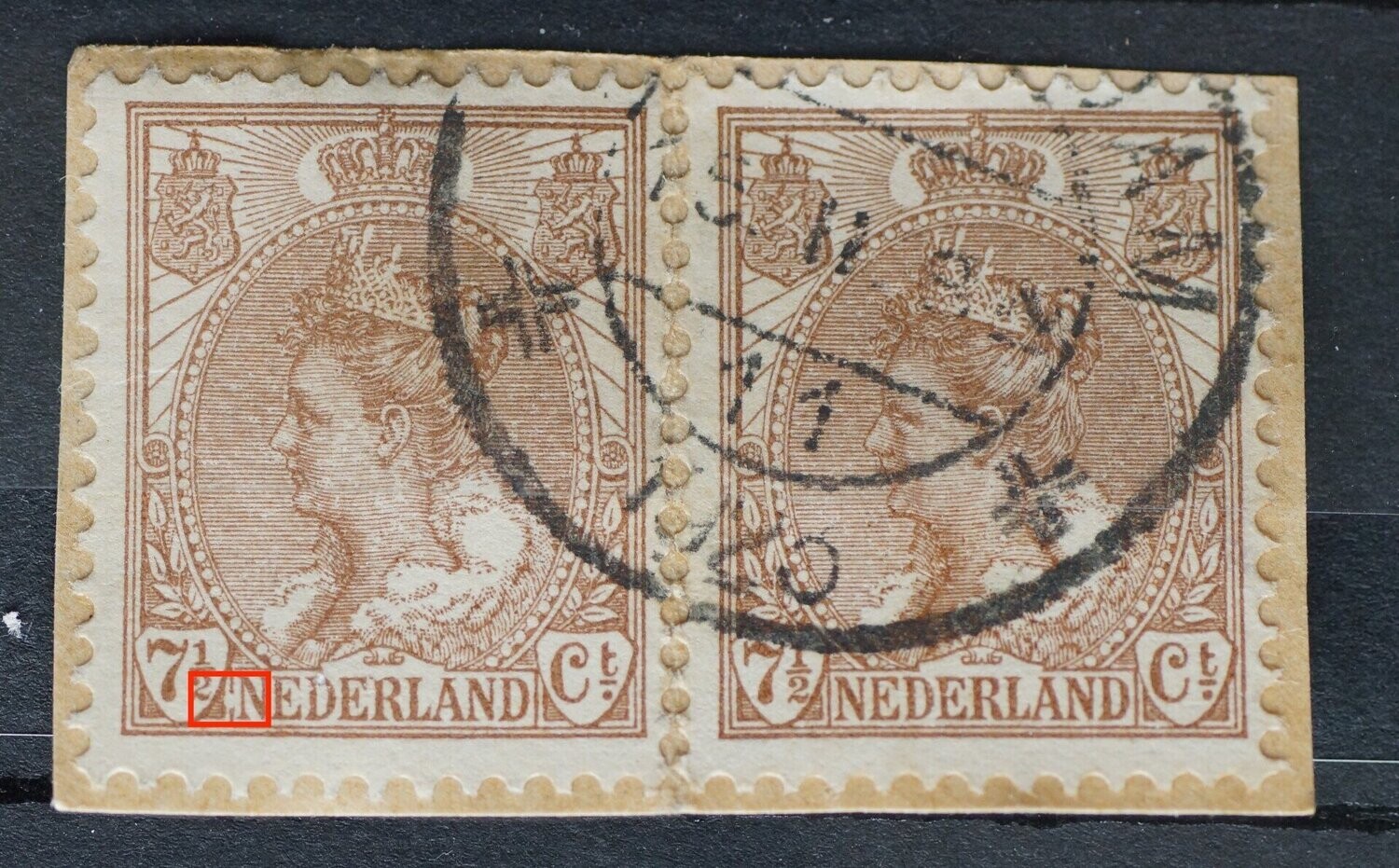 NVPH 61 (paar) - o.a. breuk in kaderlijn links van NEDERLAND (linker zegel)