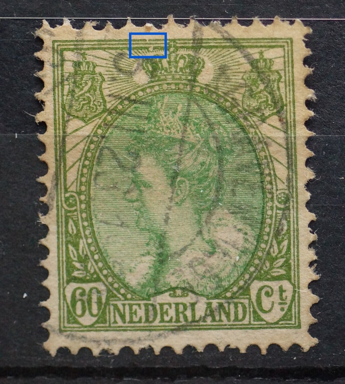 NVPH 76 - breuk in kaderlijnen links van kroon