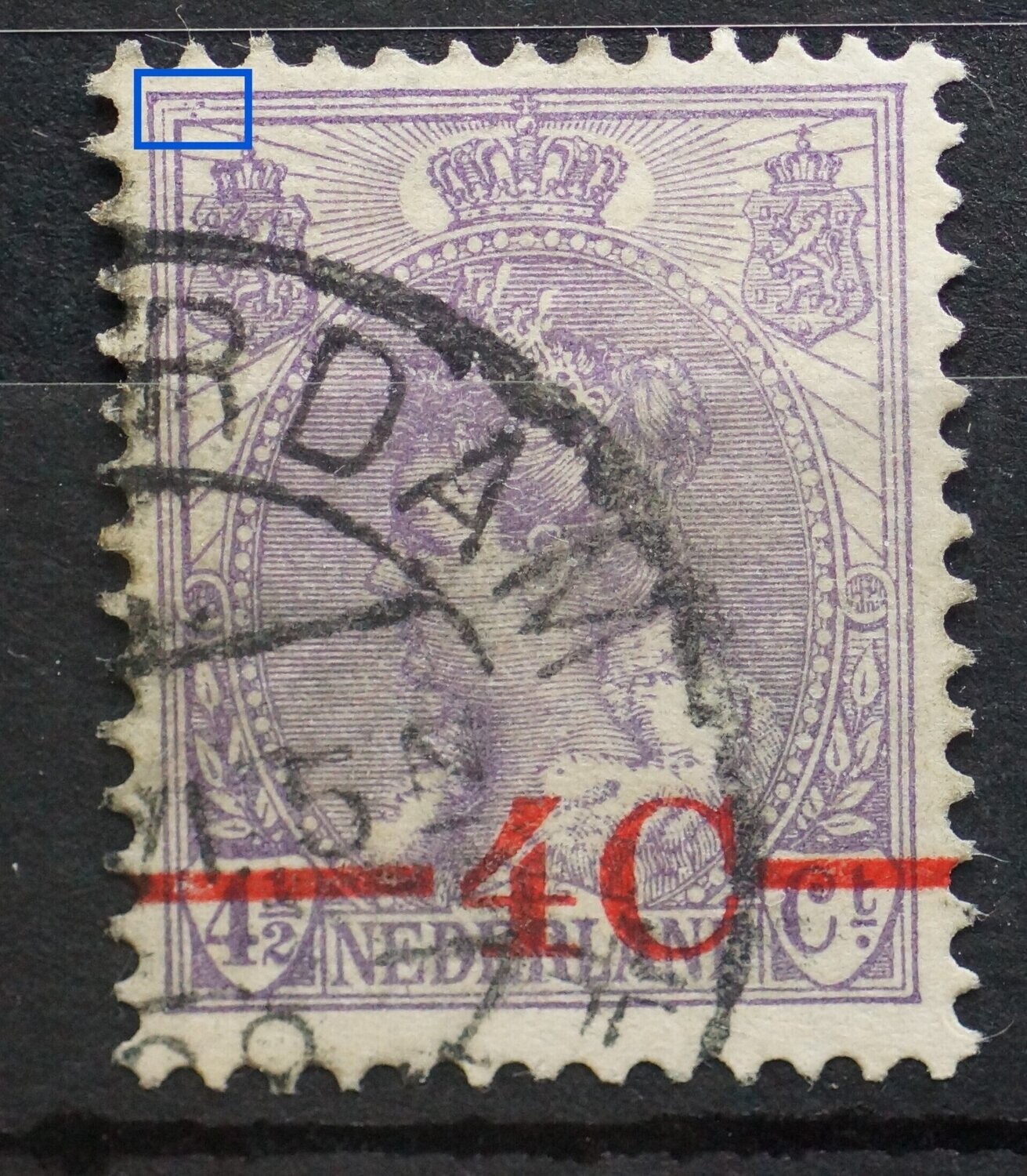 NVPH 106 - drie violette stippen boven linker wapenschild