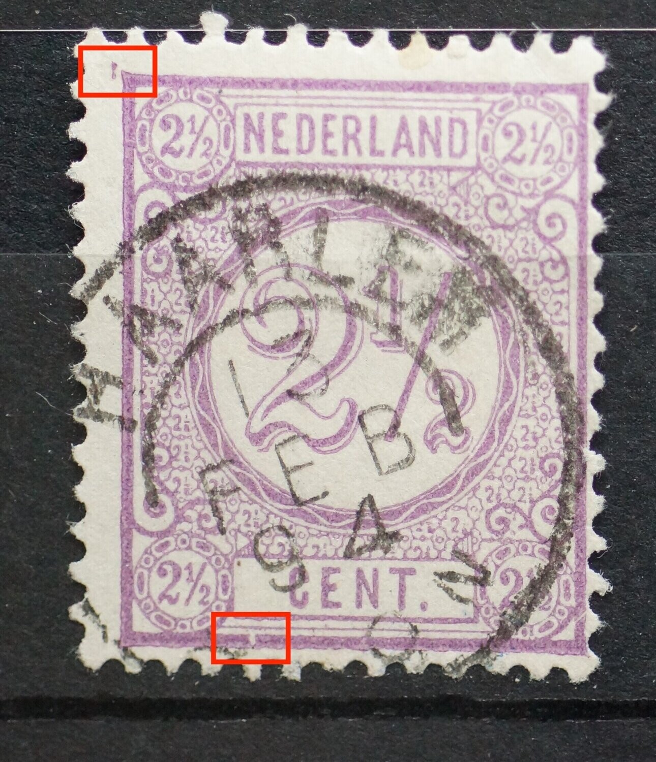 NVPH 33 - o.a. paarse vlek links boven buiten zegelbeeld
