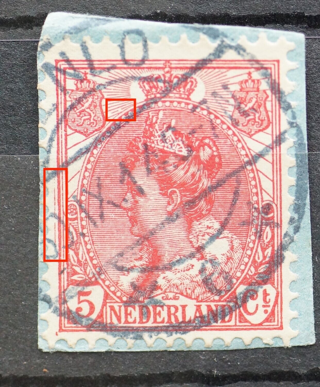 NVPH 60 - o.a. rode lijn naast zegelbeeld links NVPH 60 - o.a. rode lijn naast zegelbeeld links