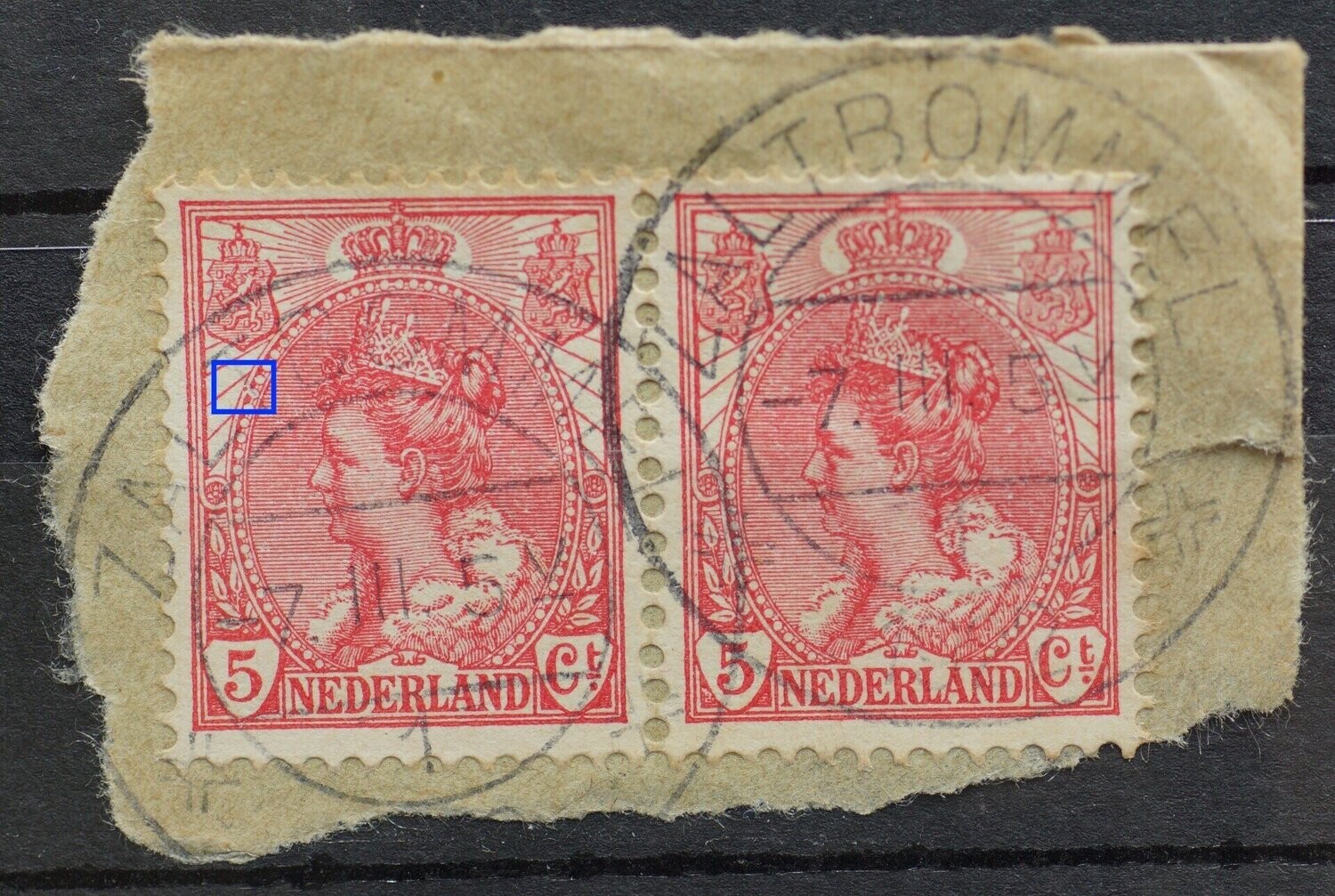 NVPH 60 (paar) - rode stip in parelrand medaillon (linker zegel)