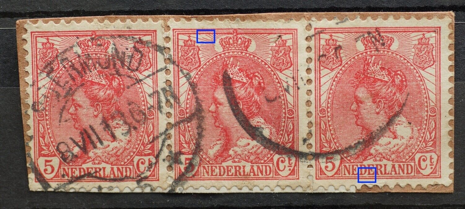 NVPH 60 (strip) - o.a. ontbrekend deel straal links van kroon (middelste zegel, fraai vanwege gaatje)