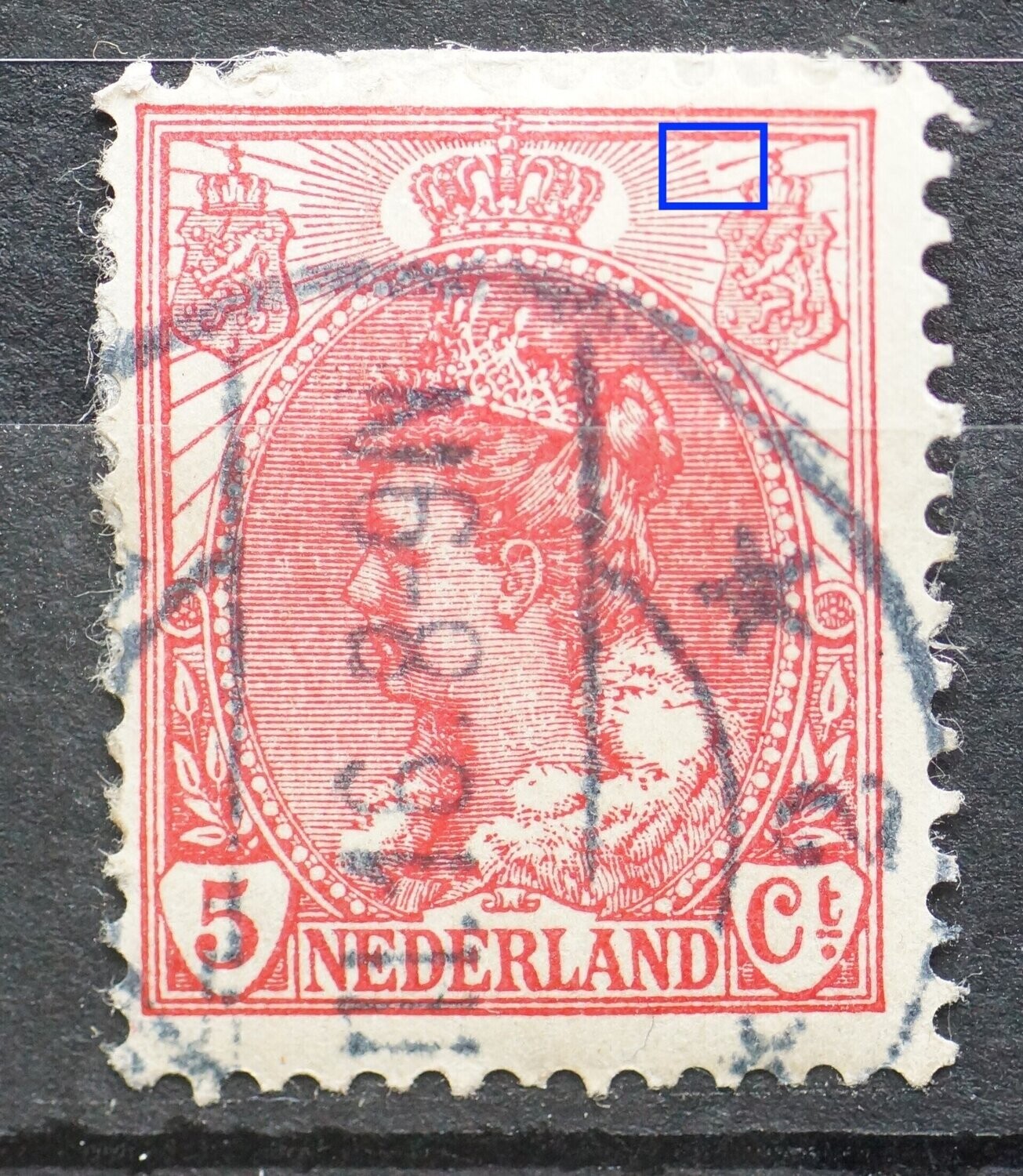 NVPH 60 - breuk in straal boven rechter wapenschild NVPH 60 - breuk in straal boven rechter wapenschild