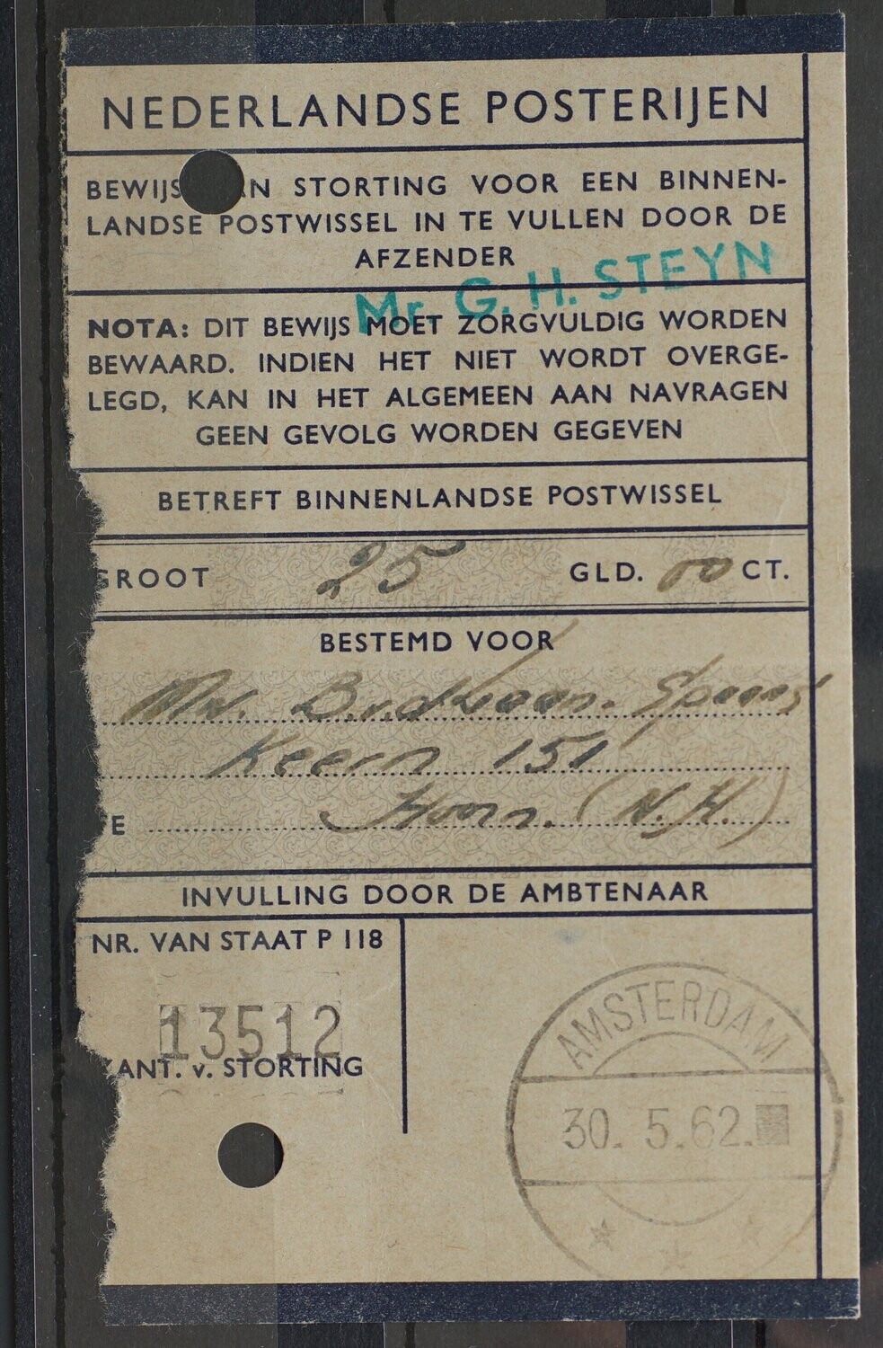 Postwisselstempel Amsterdam (blokje) op fragment Postwisselstempel Amsterdam (blokje) op fragment