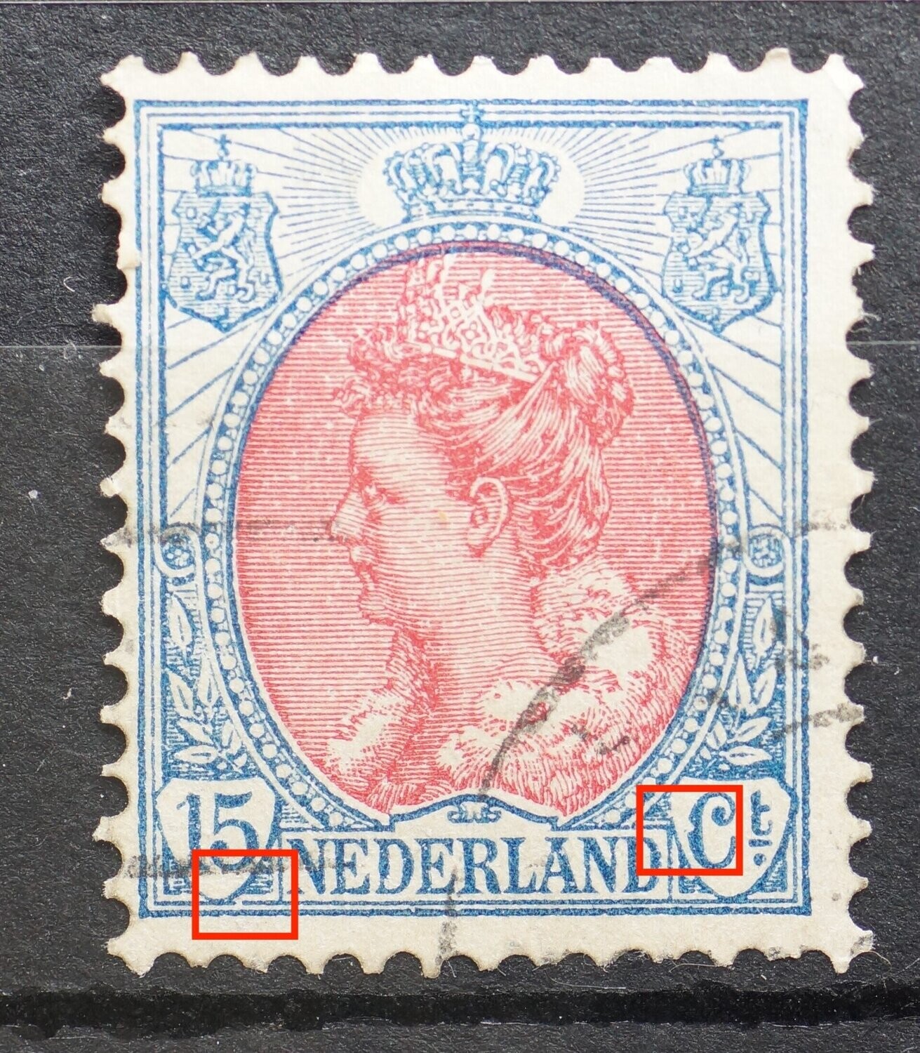 NVPH 65 - o.a. breukje onderin waardeschild en witte stip in C van Ct. NVPH 65 - o.a. breukje onderin waardeschild en witte stip in C van Ct.