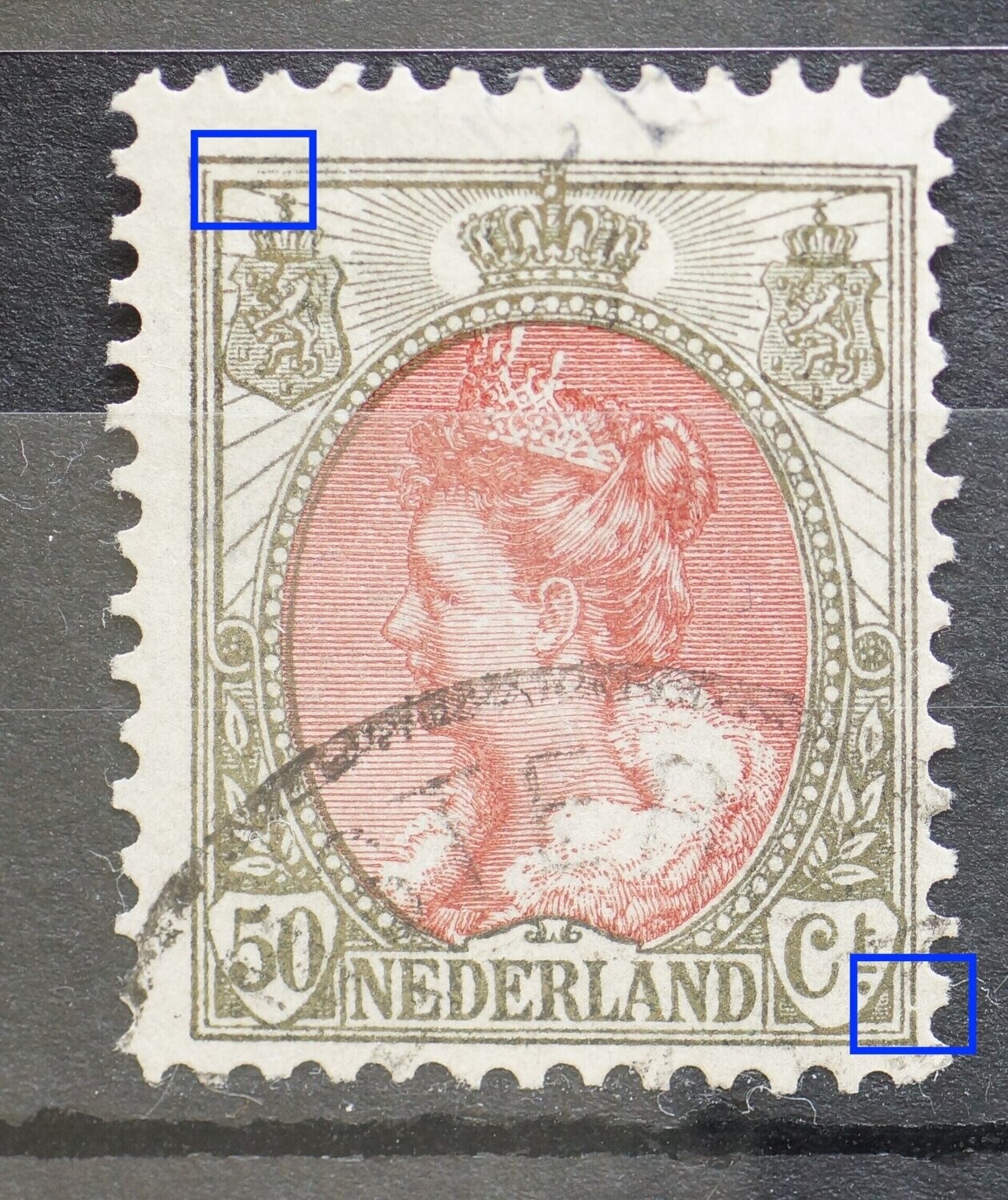 NVPH 74 - o.a. breuk in kaderlijn boven, links NVPH 74 - o.a. breuk in kaderlijn boven, links