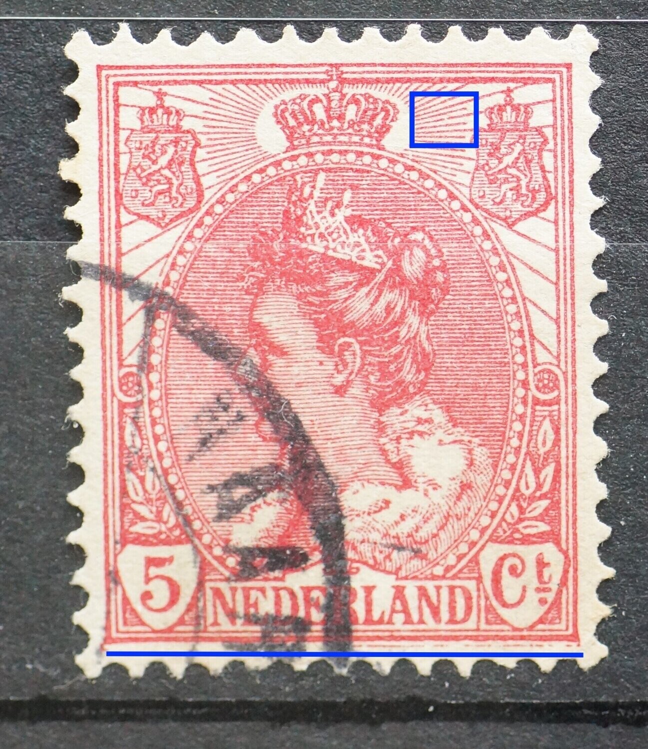 NVPH 60 - rode streep onder zegelbeeld, breuk in straal NVPH 60 - rode streep onder zegelbeeld, breuk in straal